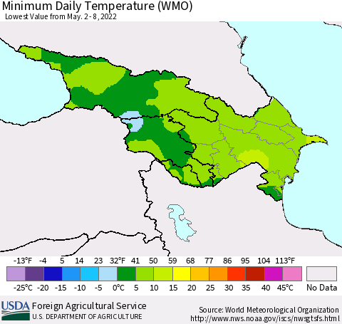 Azerbaijan, Armenia and Georgia Minimum Daily Temperature (WMO) Thematic Map For 5/2/2022 - 5/8/2022