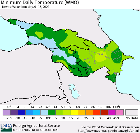 Azerbaijan, Armenia and Georgia Minimum Daily Temperature (WMO) Thematic Map For 5/9/2022 - 5/15/2022