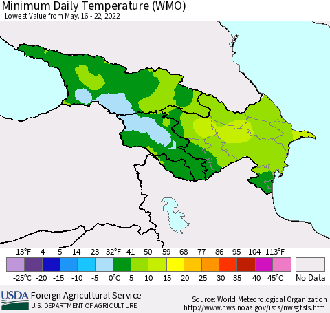 Azerbaijan, Armenia and Georgia Minimum Daily Temperature (WMO) Thematic Map For 5/16/2022 - 5/22/2022