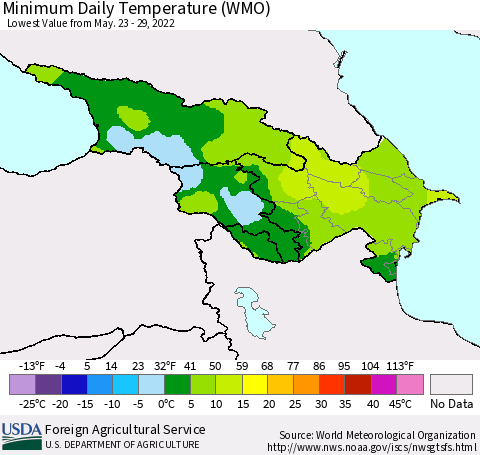 Azerbaijan, Armenia and Georgia Minimum Daily Temperature (WMO) Thematic Map For 5/23/2022 - 5/29/2022