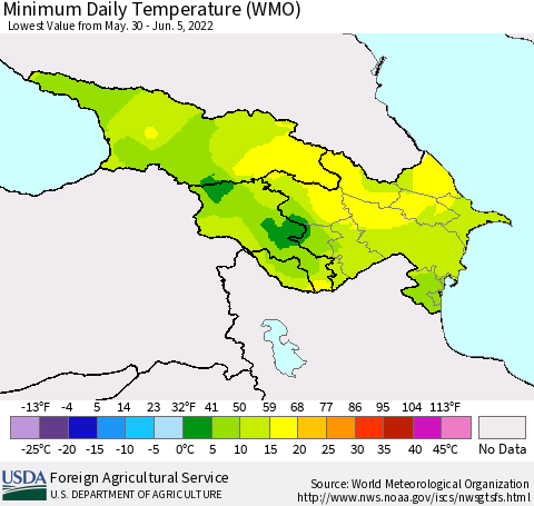 Azerbaijan, Armenia and Georgia Minimum Daily Temperature (WMO) Thematic Map For 5/30/2022 - 6/5/2022