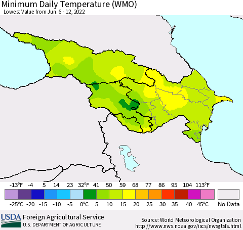 Azerbaijan, Armenia and Georgia Minimum Daily Temperature (WMO) Thematic Map For 6/6/2022 - 6/12/2022