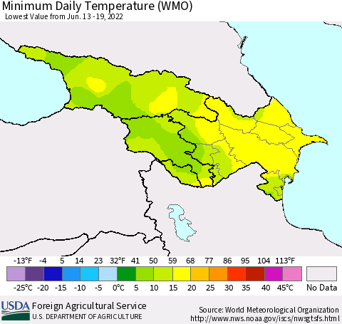 Azerbaijan, Armenia and Georgia Minimum Daily Temperature (WMO) Thematic Map For 6/13/2022 - 6/19/2022