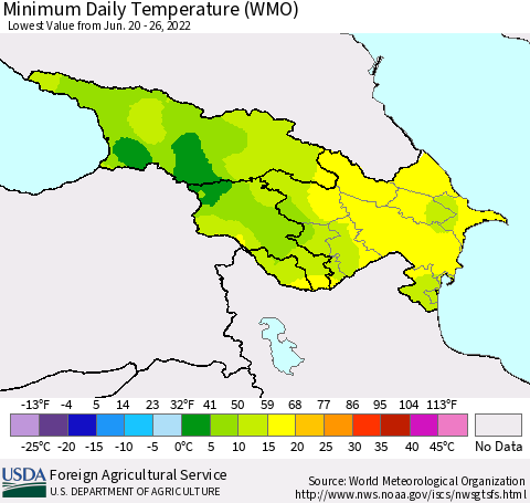 Azerbaijan, Armenia and Georgia Minimum Daily Temperature (WMO) Thematic Map For 6/20/2022 - 6/26/2022