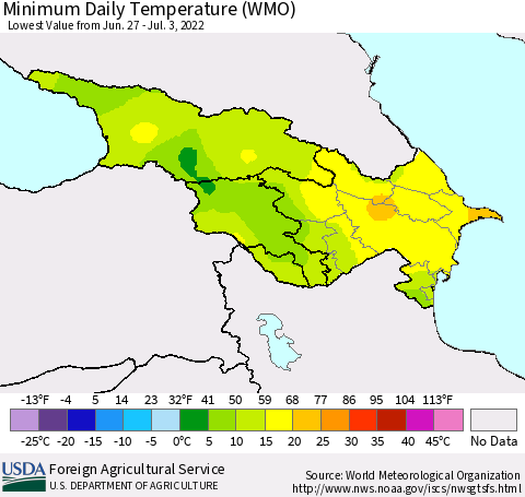 Azerbaijan, Armenia and Georgia Minimum Daily Temperature (WMO) Thematic Map For 6/27/2022 - 7/3/2022