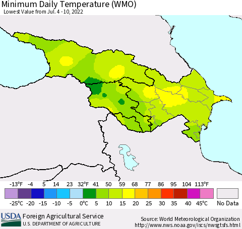 Azerbaijan, Armenia and Georgia Minimum Daily Temperature (WMO) Thematic Map For 7/4/2022 - 7/10/2022