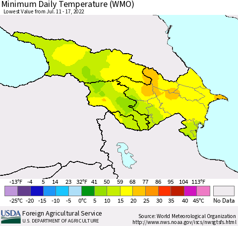 Azerbaijan, Armenia and Georgia Minimum Daily Temperature (WMO) Thematic Map For 7/11/2022 - 7/17/2022