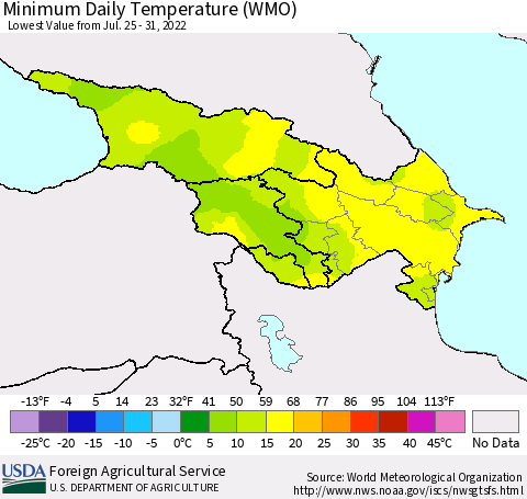 Azerbaijan, Armenia and Georgia Minimum Daily Temperature (WMO) Thematic Map For 7/25/2022 - 7/31/2022