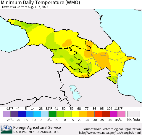 Azerbaijan, Armenia and Georgia Minimum Daily Temperature (WMO) Thematic Map For 8/1/2022 - 8/7/2022