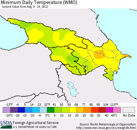 Azerbaijan, Armenia and Georgia Minimum Daily Temperature (WMO) Thematic Map For 8/8/2022 - 8/14/2022