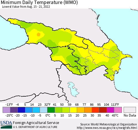 Azerbaijan, Armenia and Georgia Minimum Daily Temperature (WMO) Thematic Map For 8/15/2022 - 8/21/2022