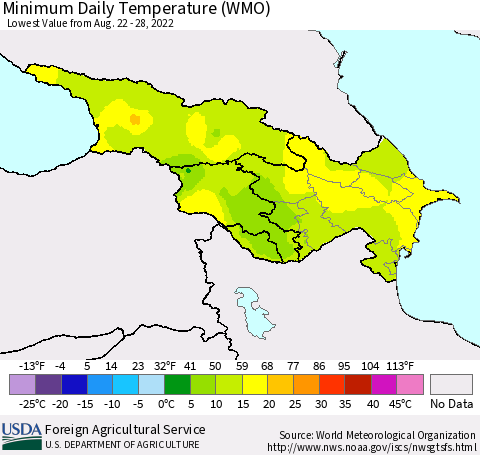Azerbaijan, Armenia and Georgia Minimum Daily Temperature (WMO) Thematic Map For 8/22/2022 - 8/28/2022