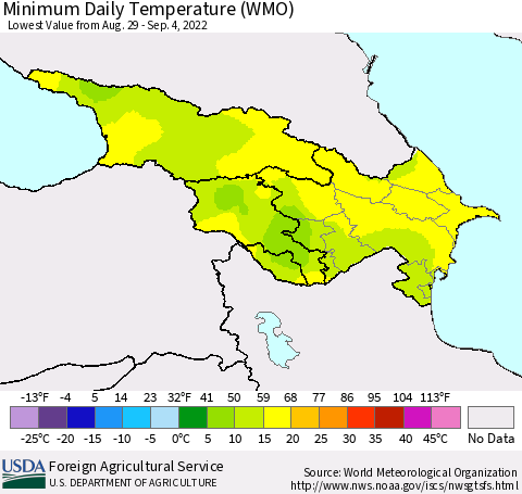 Azerbaijan, Armenia and Georgia Minimum Daily Temperature (WMO) Thematic Map For 8/29/2022 - 9/4/2022