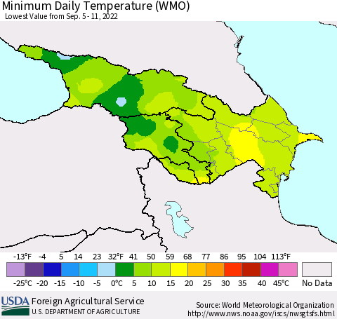 Azerbaijan, Armenia and Georgia Minimum Daily Temperature (WMO) Thematic Map For 9/5/2022 - 9/11/2022