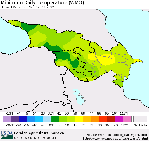 Azerbaijan, Armenia and Georgia Minimum Daily Temperature (WMO) Thematic Map For 9/12/2022 - 9/18/2022