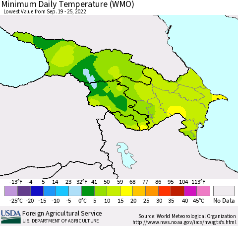 Azerbaijan, Armenia and Georgia Minimum Daily Temperature (WMO) Thematic Map For 9/19/2022 - 9/25/2022
