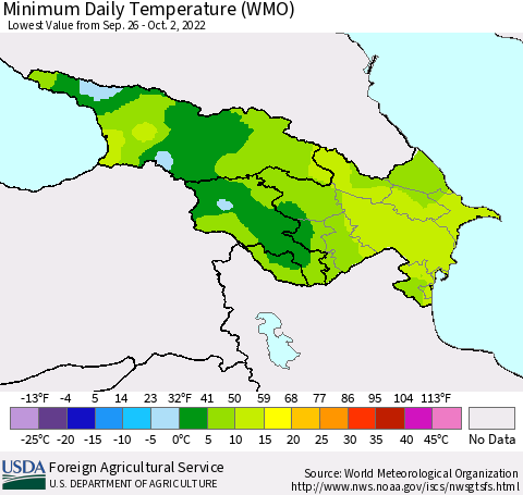 Azerbaijan, Armenia and Georgia Minimum Daily Temperature (WMO) Thematic Map For 9/26/2022 - 10/2/2022