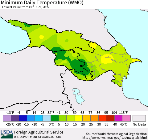 Azerbaijan, Armenia and Georgia Minimum Daily Temperature (WMO) Thematic Map For 10/3/2022 - 10/9/2022