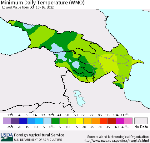 Azerbaijan, Armenia and Georgia Minimum Daily Temperature (WMO) Thematic Map For 10/10/2022 - 10/16/2022
