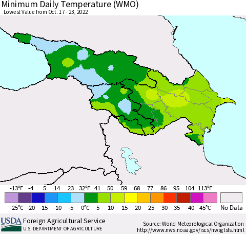 Azerbaijan, Armenia and Georgia Minimum Daily Temperature (WMO) Thematic Map For 10/17/2022 - 10/23/2022