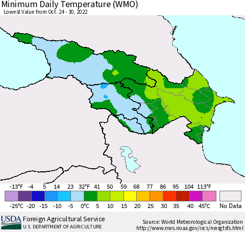 Azerbaijan, Armenia and Georgia Minimum Daily Temperature (WMO) Thematic Map For 10/24/2022 - 10/30/2022