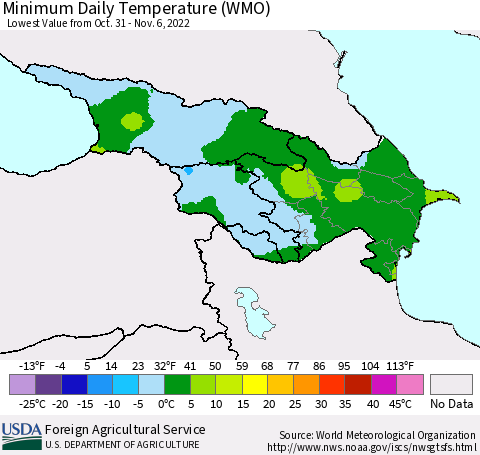 Azerbaijan, Armenia and Georgia Minimum Daily Temperature (WMO) Thematic Map For 10/31/2022 - 11/6/2022