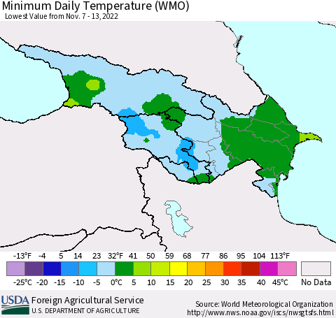 Azerbaijan, Armenia and Georgia Minimum Daily Temperature (WMO) Thematic Map For 11/7/2022 - 11/13/2022
