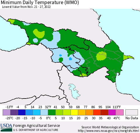 Azerbaijan, Armenia and Georgia Minimum Daily Temperature (WMO) Thematic Map For 11/21/2022 - 11/27/2022