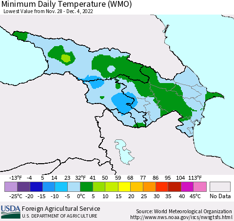 Azerbaijan, Armenia and Georgia Minimum Daily Temperature (WMO) Thematic Map For 11/28/2022 - 12/4/2022