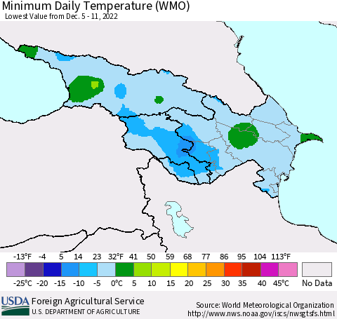 Azerbaijan, Armenia and Georgia Minimum Daily Temperature (WMO) Thematic Map For 12/5/2022 - 12/11/2022