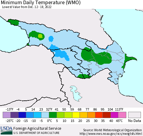 Azerbaijan, Armenia and Georgia Minimum Daily Temperature (WMO) Thematic Map For 12/12/2022 - 12/18/2022