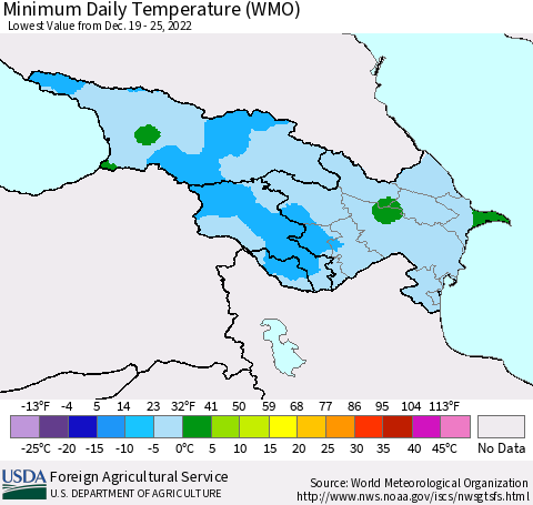 Azerbaijan, Armenia and Georgia Minimum Daily Temperature (WMO) Thematic Map For 12/19/2022 - 12/25/2022