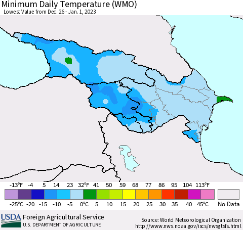 Azerbaijan, Armenia and Georgia Minimum Daily Temperature (WMO) Thematic Map For 12/26/2022 - 1/1/2023