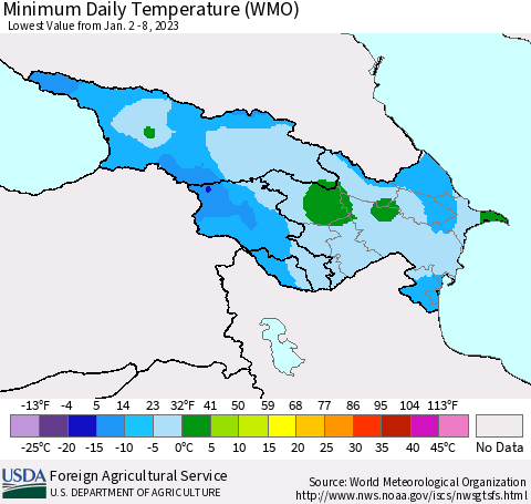 Azerbaijan, Armenia and Georgia Minimum Daily Temperature (WMO) Thematic Map For 1/2/2023 - 1/8/2023