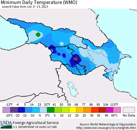 Azerbaijan, Armenia and Georgia Minimum Daily Temperature (WMO) Thematic Map For 1/9/2023 - 1/15/2023