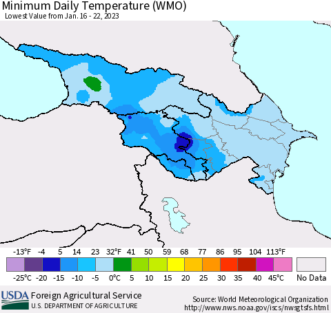 Azerbaijan, Armenia and Georgia Minimum Daily Temperature (WMO) Thematic Map For 1/16/2023 - 1/22/2023