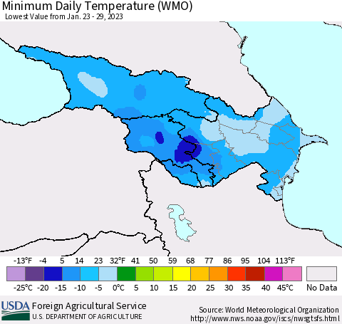 Azerbaijan, Armenia and Georgia Minimum Daily Temperature (WMO) Thematic Map For 1/23/2023 - 1/29/2023