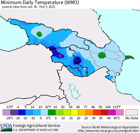 Azerbaijan, Armenia and Georgia Minimum Daily Temperature (WMO) Thematic Map For 1/30/2023 - 2/5/2023