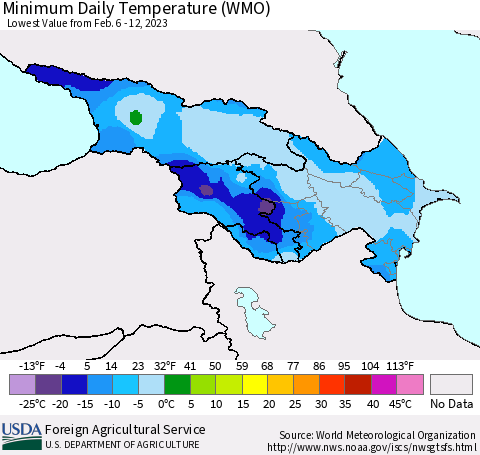 Azerbaijan, Armenia and Georgia Minimum Daily Temperature (WMO) Thematic Map For 2/6/2023 - 2/12/2023