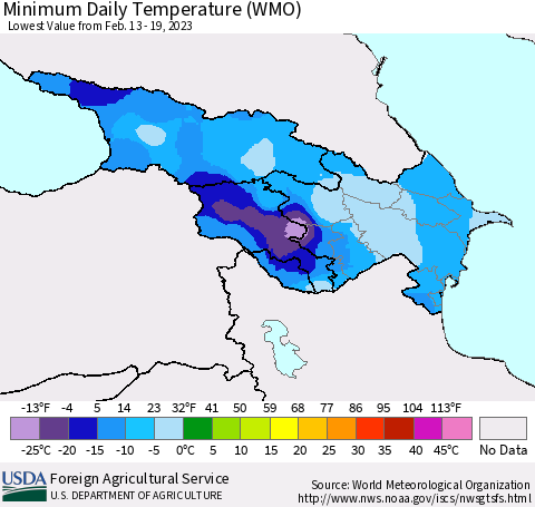 Azerbaijan, Armenia and Georgia Minimum Daily Temperature (WMO) Thematic Map For 2/13/2023 - 2/19/2023