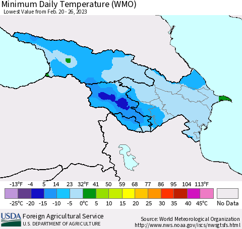 Azerbaijan, Armenia and Georgia Minimum Daily Temperature (WMO) Thematic Map For 2/20/2023 - 2/26/2023