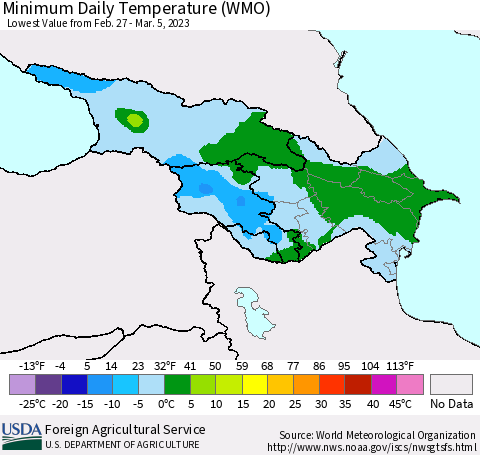 Azerbaijan, Armenia and Georgia Minimum Daily Temperature (WMO) Thematic Map For 2/27/2023 - 3/5/2023