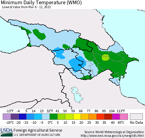 Azerbaijan, Armenia and Georgia Minimum Daily Temperature (WMO) Thematic Map For 3/6/2023 - 3/12/2023
