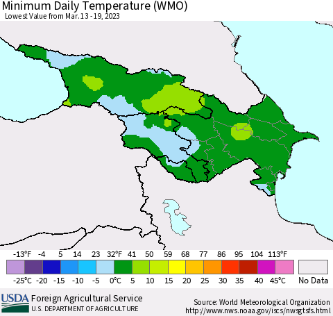 Azerbaijan, Armenia and Georgia Minimum Daily Temperature (WMO) Thematic Map For 3/13/2023 - 3/19/2023
