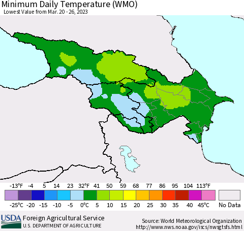 Azerbaijan, Armenia and Georgia Minimum Daily Temperature (WMO) Thematic Map For 3/20/2023 - 3/26/2023
