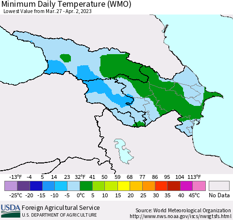 Azerbaijan, Armenia and Georgia Minimum Daily Temperature (WMO) Thematic Map For 3/27/2023 - 4/2/2023