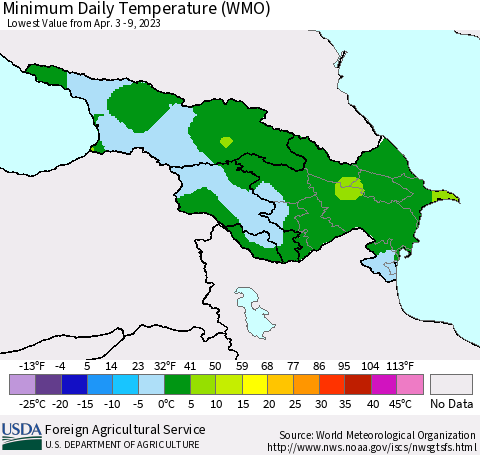 Azerbaijan, Armenia and Georgia Minimum Daily Temperature (WMO) Thematic Map For 4/3/2023 - 4/9/2023