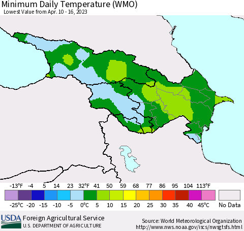 Azerbaijan, Armenia and Georgia Minimum Daily Temperature (WMO) Thematic Map For 4/10/2023 - 4/16/2023