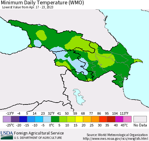 Azerbaijan, Armenia and Georgia Minimum Daily Temperature (WMO) Thematic Map For 4/17/2023 - 4/23/2023