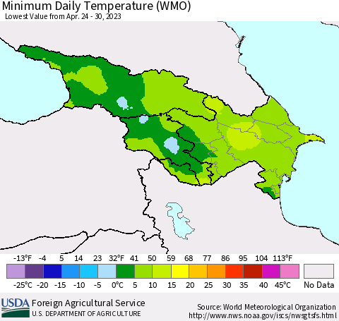 Azerbaijan, Armenia and Georgia Minimum Daily Temperature (WMO) Thematic Map For 4/24/2023 - 4/30/2023